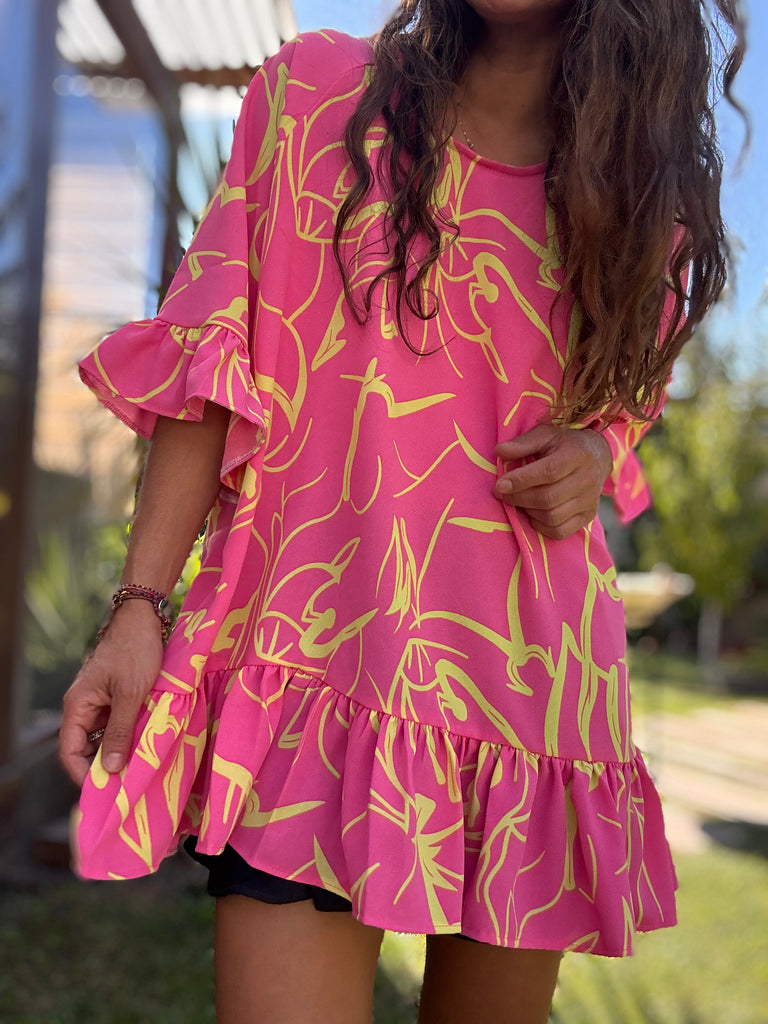 Blusón rosado línea amarillo