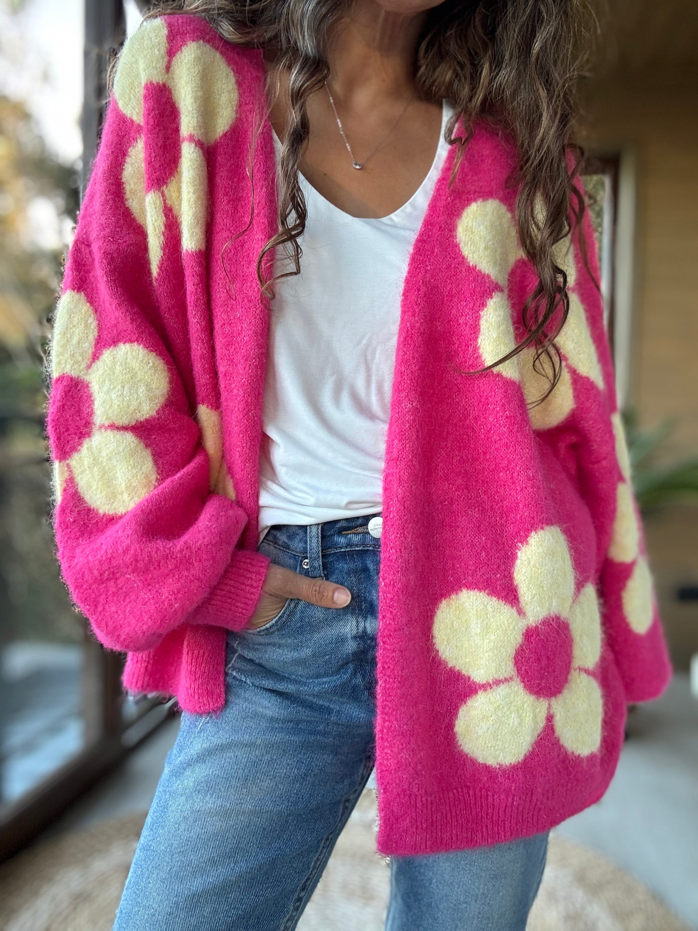 Chaleco flor fucsia amarillo