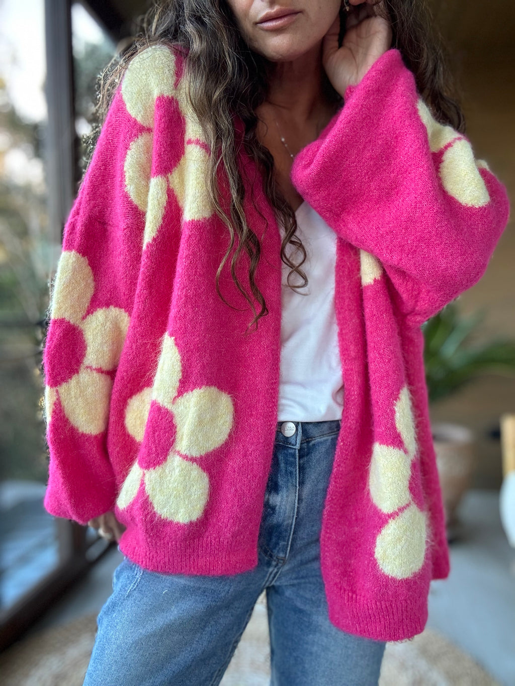 Chaleco flor fucsia amarillo