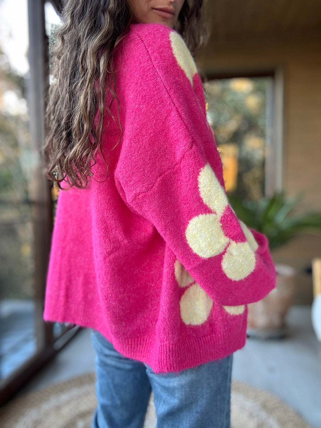 Chaleco flor fucsia amarillo