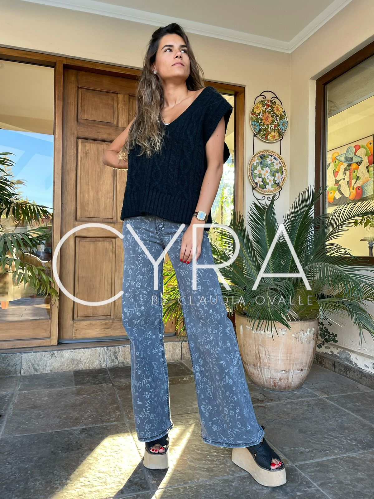 Pantalon Jeans Wide Leg Flores