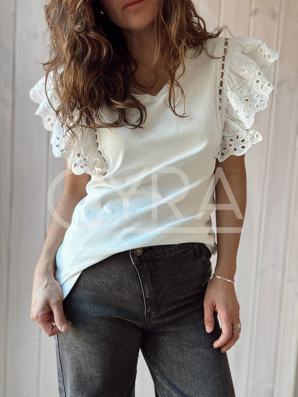 Polera Mangas broderie blanco