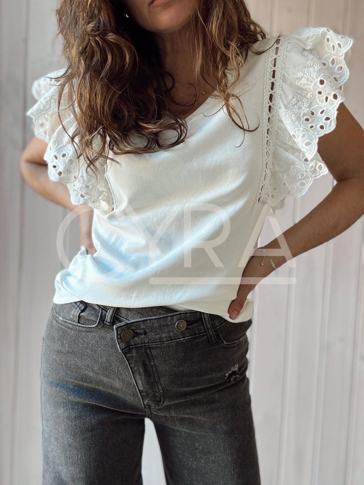 Polera Mangas broderie blanco