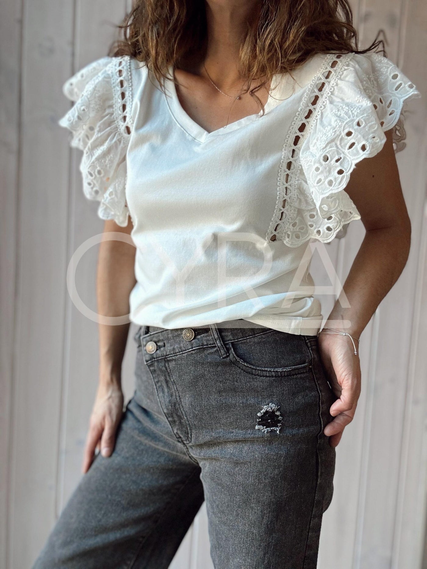 Polera Mangas broderie blanco