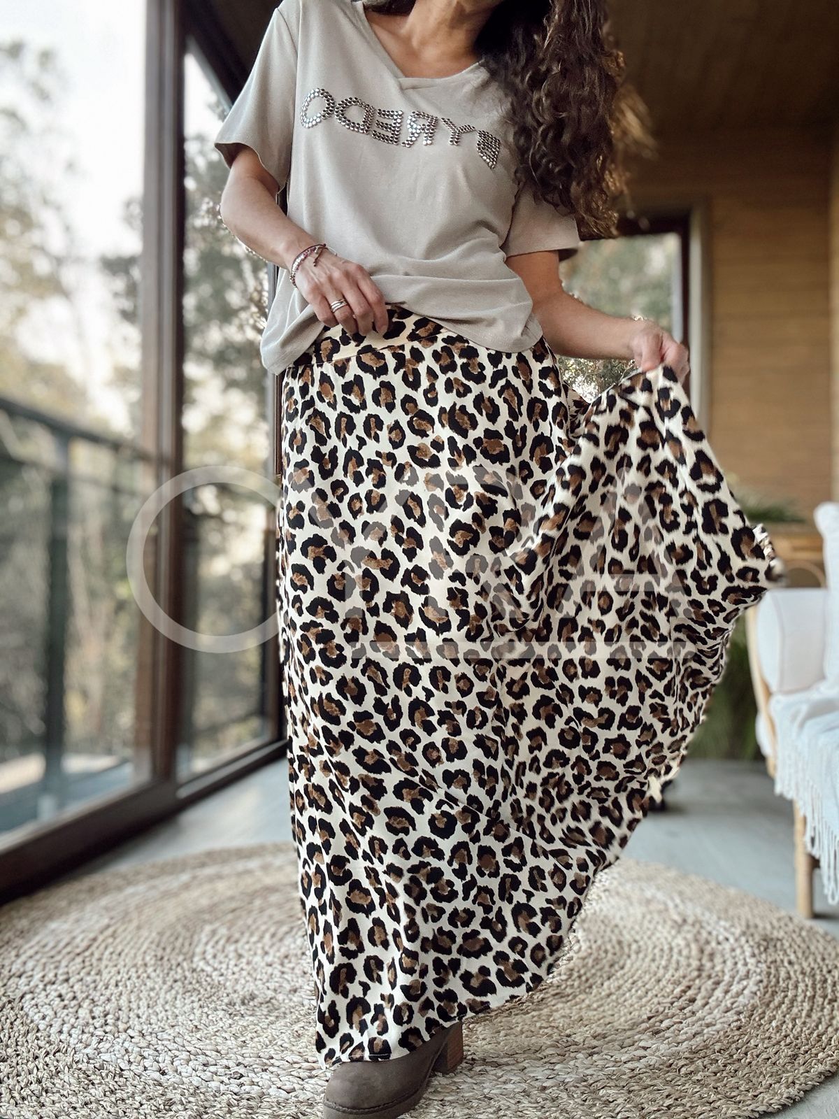 Falda larga animal print Beige