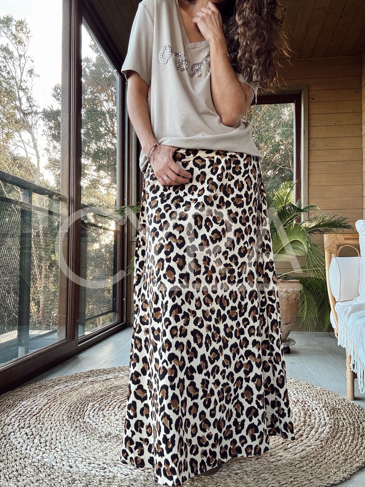 Falda larga animal print Beige