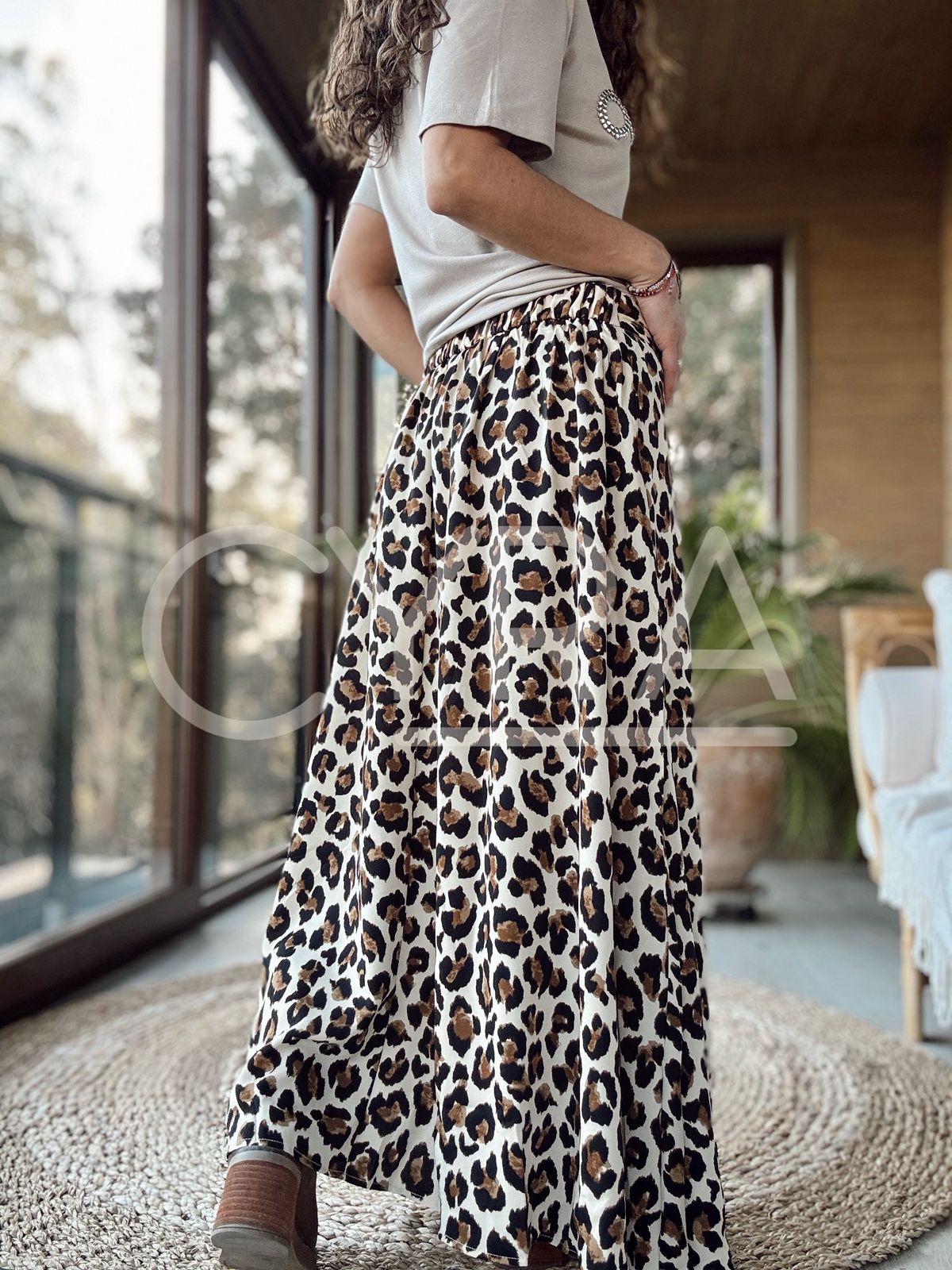 Falda larga animal print Beige