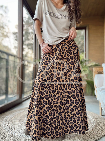 Falda larga animal print café