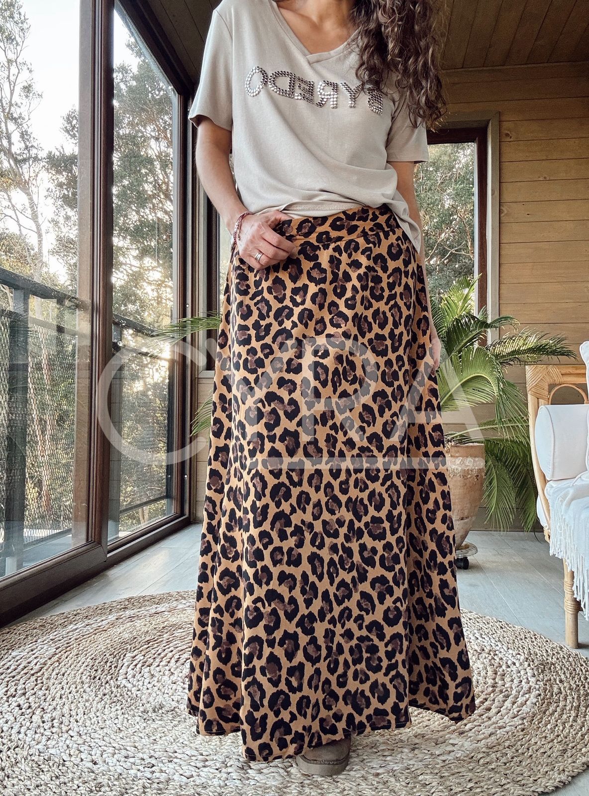 Falda larga animal print café