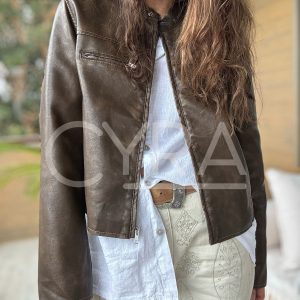 Chaqueta Eco cuero Mao café